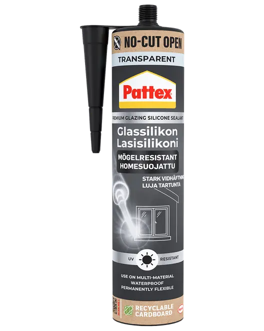 Pattex transparent glas-silikoneforsegler, mugresistent, UV-resistent, vandtæt, til flere materialer, permanent fleksibel, med dyse, genanvendelig papemballage, egnet til vinduer og glas.