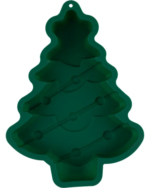 Grøn silikone bageform formet som et juletræ med detaljerede grene og stjerne i toppen. Fleksibel, non-stick og perfekt til festlige kager eller desserter.