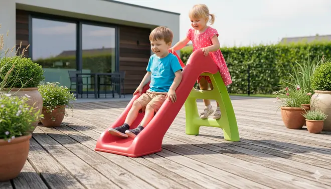 Udendørs rutsjebane til børn, lavet af slidstærk plast med rød glideflade og grøn stige. Kompakt størrelse, velegnet til småbørn. Perfekt til have eller terrasse.