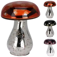 Dekorativ svamp i glas med silverfärgad, prickig fot och färgad hatt. Finns i rött, orange, svart och lila. Perfekt för heminredning eller festdekoration.