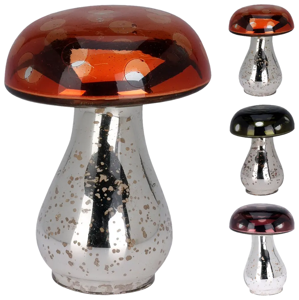 Dekorativ svamp i glas med silverfärgad, prickig fot och färgad hatt. Finns i rött, orange, svart och lila. Perfekt för heminredning eller festdekoration.