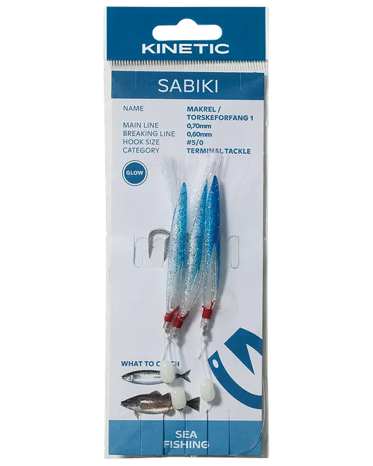 Kinetic Sabiki havfiskeri-rig i blå emballage med glødende agnstrimler, flere kroge og terminal tackle til makrel.