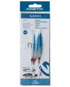 Kinetic Sabiki havfiskeri-rig i blå emballage med glødende agnstrimler, flere kroge og terminal tackle til makrel.