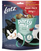 Latz Party Mix Seaside kattgodis, 200g maxipack. Färgglada, fiskformade snacks med smak av lax, torsk och öring. Förpackningen har en lekfull kattillustration.