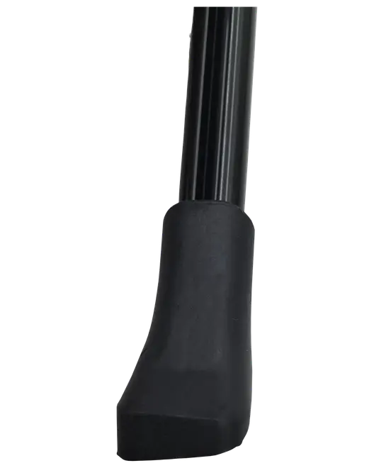 Nærbillede af sort gummidup på en metalstok, designet for stabilitet og skridsikkerhed. Holdbar og velegnet til daglig brug på forskellige overflader.