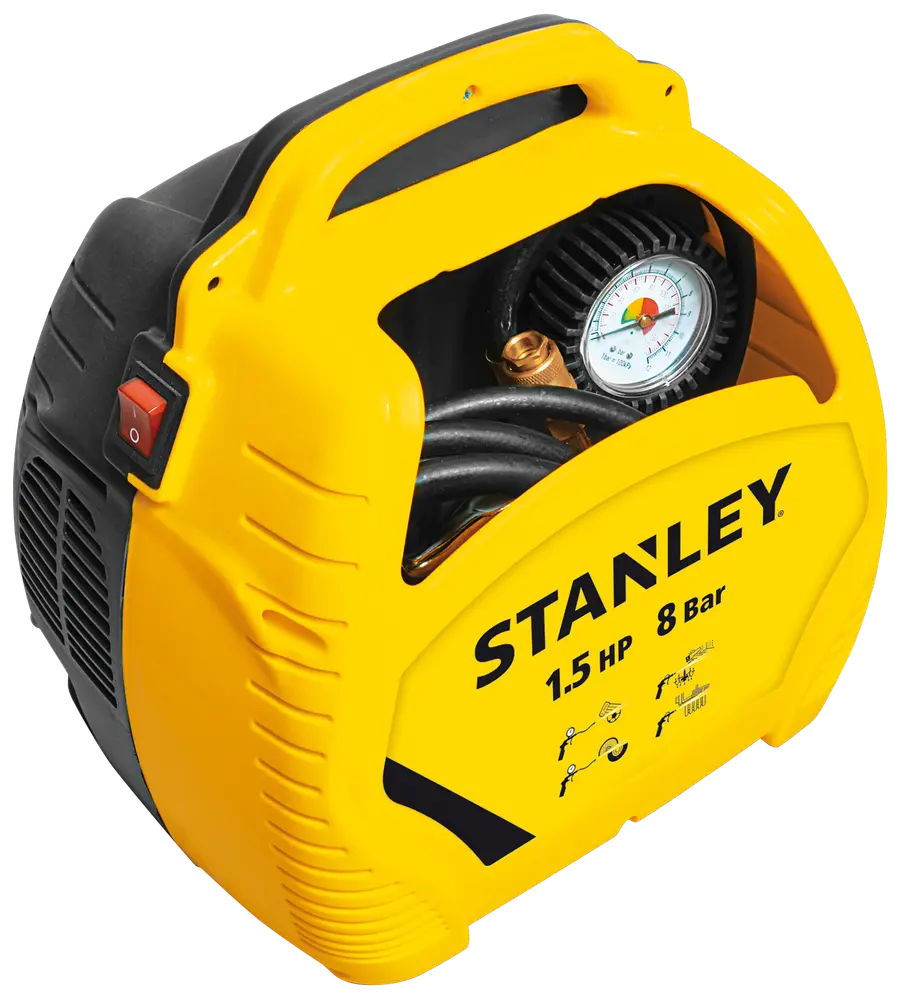 Stanley bærbar luftkompressor, 1,5 HK, 8 Bar, gul kabinet, indbygget trykmåler, tænd/sluk-knap, integreret håndtag, kompakt design, velegnet til oppustning og lette pneumatiske opgaver.