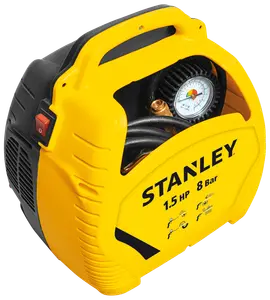 Stanley bærbar luftkompressor, 1,5 HK, 8 Bar, gul kabinet, indbygget trykmåler, tænd/sluk-knap, integreret håndtag, kompakt design, velegnet til oppustning og lette pneumatiske opgaver.