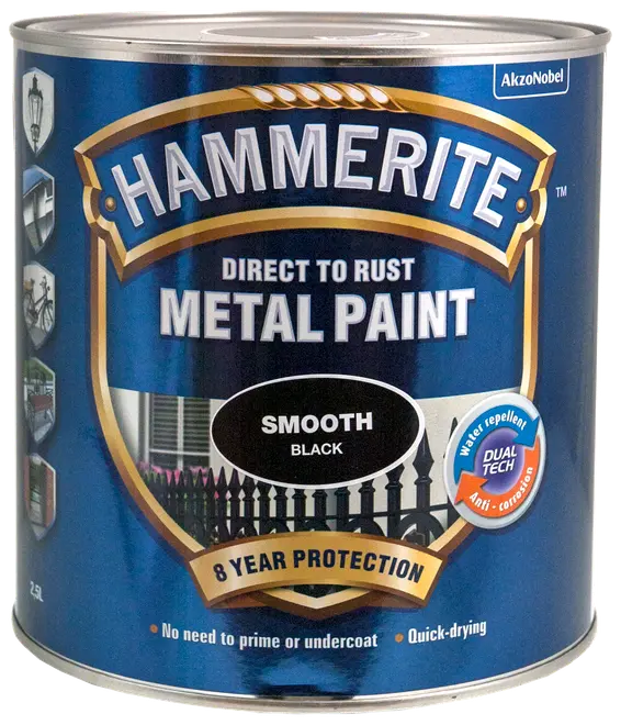 Hammerite Direkte på Rust Metal Maling, glat sort finish, 2,5L dåse. Giver 8 års beskyttelse, vandafvisende, anti-korrosion, ingen grunding nødvendig, hurtigtørrende.