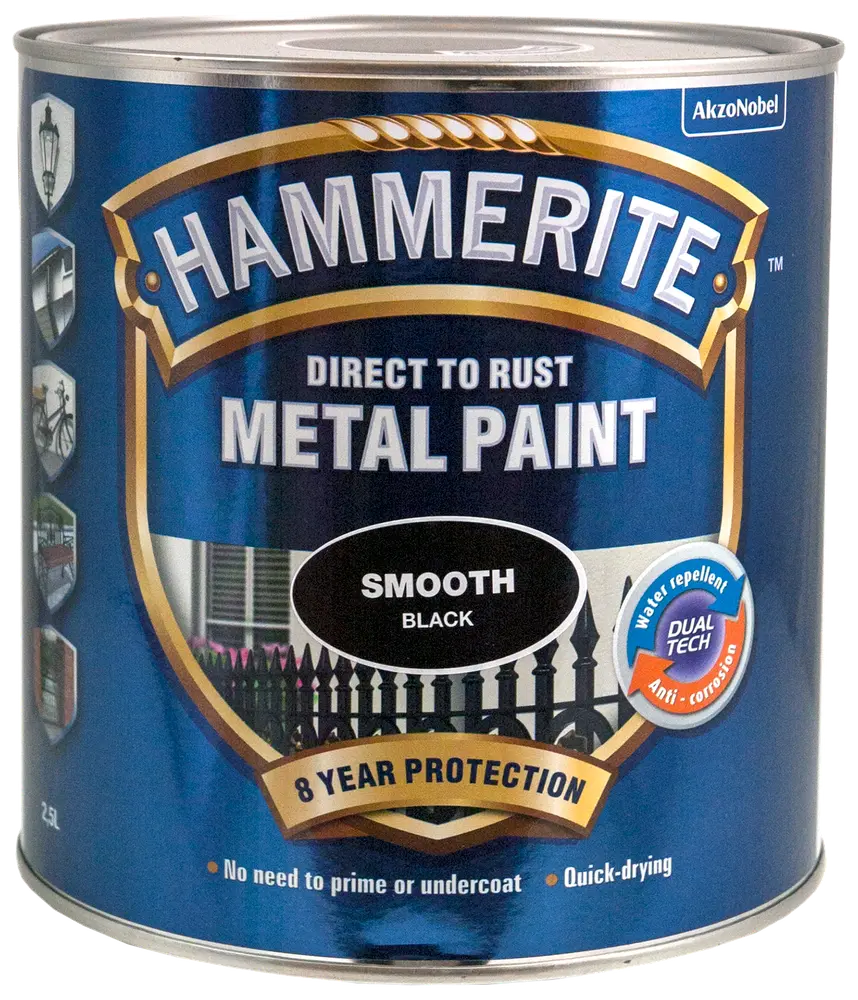 Hammerite Direkte på Rust Metal Maling, glat sort finish, 2,5L dåse. Giver 8 års beskyttelse, vandafvisende, anti-korrosion, ingen grunding nødvendig, hurtigtørrende.