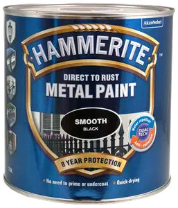 Hammerite Direkte på Rust Metal Maling, glat sort finish, 2,5L dåse. Giver 8 års beskyttelse, vandafvisende, anti-korrosion, ingen grunding nødvendig, hurtigtørrende.