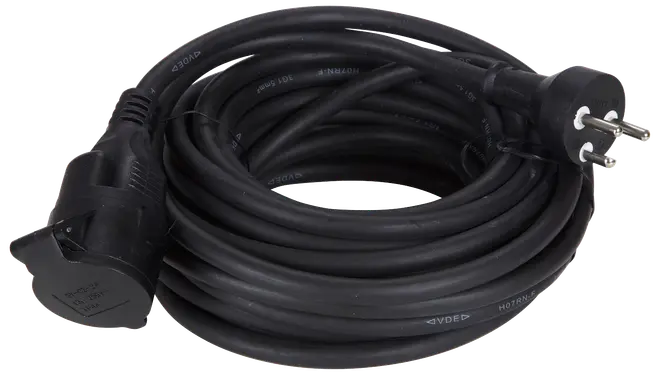 Sort kraftig forlængerledning med europæisk stik og stikdåse, sammenrullet. Velegnet til udendørs eller indendørs brug, ideel til at forlænge rækkevidden til elektriske apparater.
