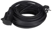 Sort kraftig forlængerledning med europæisk stik og stikdåse, sammenrullet. Velegnet til udendørs eller indendørs brug, ideel til at forlænge rækkevidden til elektriske apparater.