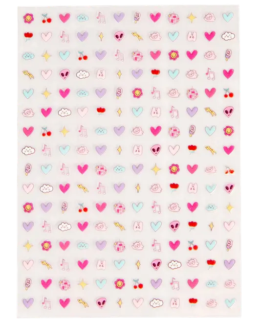 Ark med små farverige klistermærker med hjerter, skyer, kirsebær, noder, stjerner, blomster, rumvæsener og søde ansigter. Perfekt til dekoration af kalendere og notesbøger.