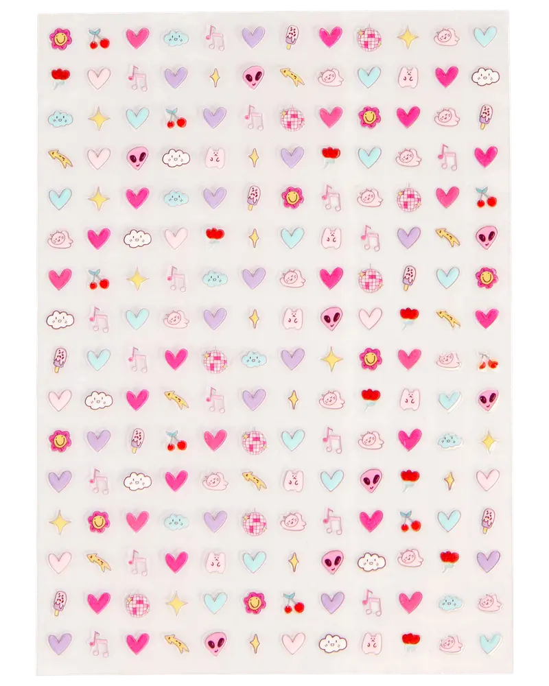 Ark med små farverige klistermærker med hjerter, skyer, kirsebær, noder, stjerner, blomster, rumvæsener og søde ansigter. Perfekt til dekoration af kalendere og notesbøger.