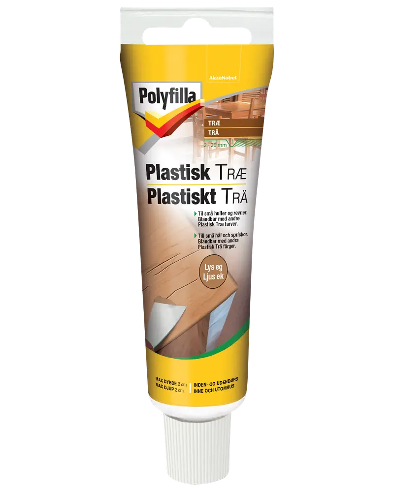 Polyfilla Plastisk Træ fyldstof tube, lys eg farve, til reparation af små huller og revner i træoverflader. Velegnet til inde og ude. Maks dybde 2 cm.