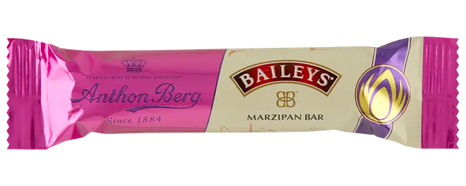 Pink og cremefarvet Baileys marcipanbar fra Anthon Berg, individuelt indpakket i lang slikemballage.