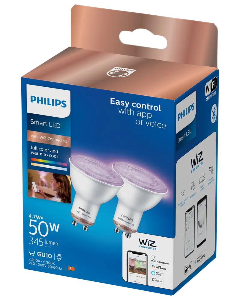 PHILIPS Smart LED-pære 4,7W GU10 2-pak - Full Color