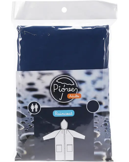 Regnjakke til voksne i mørkeblå, pakket i klar plastpose. Med hætte, lange ærmer og forlommer. Passer til både mænd og kvinder. Let og vandtæt.