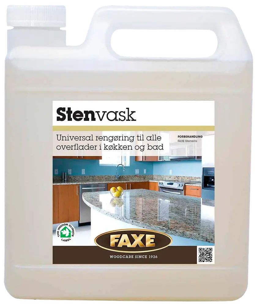 FAXE Stenvask er en universal rengøringsmiddel til stenoverflader i køkken og bad. Leveres i stor plastdunk med bærehåndtag.