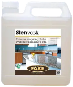 FAXE Stenvask er en universal rengøringsmiddel til stenoverflader i køkken og bad. Leveres i stor plastdunk med bærehåndtag.