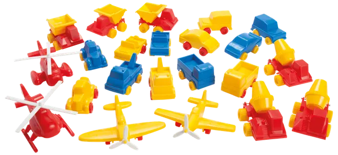 Set med färgglada plastleksaksfordon, inklusive bilar, lastbilar, flygplan och helikoptrar i rött, gult och blått. Designade för barn, enkla och hållbara.