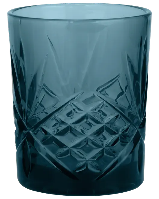 Blåt glas med facetslebet diamantmønster nederst. Cylindrisk form, tyk bund og glat kant. Elegant design, velegnet til servering af drikkevarer.