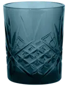 Blåt glas med facetslebet diamantmønster nederst. Cylindrisk form, tyk bund og glat kant. Elegant design, velegnet til servering af drikkevarer.