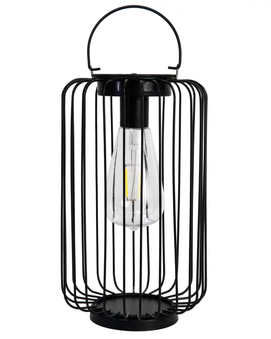 Sort metal lanterne med åbent burdesign, klar glaspære i midten og rundt håndtag øverst. Moderne industrielt look, velegnet til indendørs eller udendørs brug.