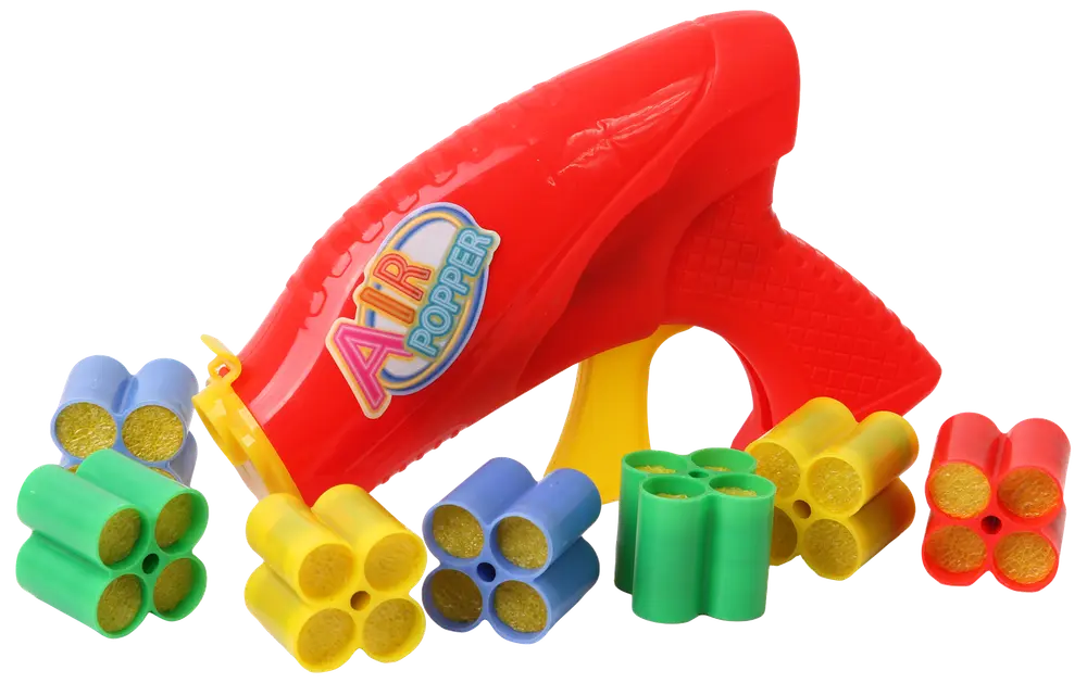 Röd plastleksakspistol med gul avtryckare, flera skumprojektilkluster i gult, grönt, blått och rött. Säker för inomhuslek, passar barn.