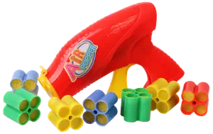 Röd plastleksakspistol med gul avtryckare, flera skumprojektilkluster i gult, grönt, blått och rött. Säker för inomhuslek, passar barn.