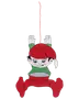 Hängande julnisse-dekoration, visar en klättrande tomte med röd luva, grön tröja, röda byxor och vita handskar. Platt material med rött snöre för upphängning.