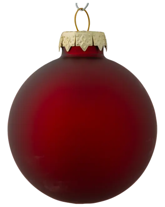 Rund, matt röd julgranskula med guldfärgad metallkrona och upphängningsögla. Klassisk och enkel design för julgran eller dekoration. Tillverkad av glas eller plast.