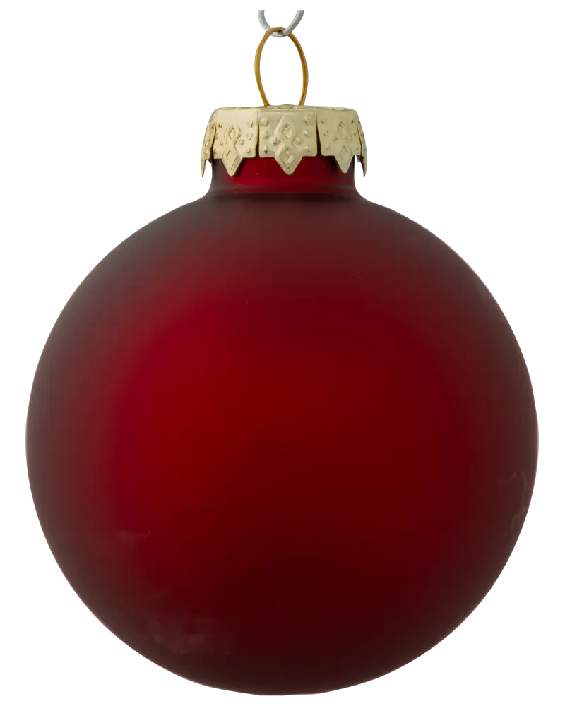 Rund, matt röd julgranskula med guldfärgad metallkrona och upphängningsögla. Klassisk och enkel design för julgran eller dekoration. Tillverkad av glas eller plast.