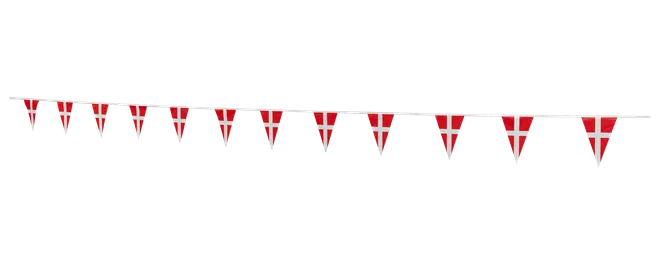 Guirlande med flere små danske flag hængende fra en hvid snor, velegnet til fest- eller patriotisk dekoration.