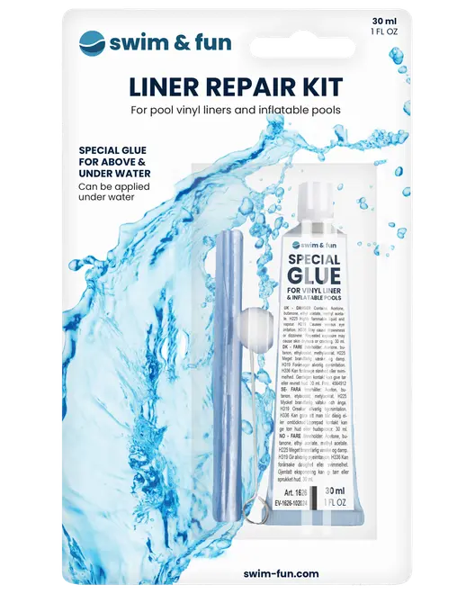 Reparationssæt til poolfolie og oppustelige pools. Indeholder 30 ml speciallim, applikator og reparationslapper. Kan bruges over og under vand. Pakke med vandsplash-design.
