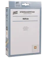 Förpackning med 4 Clean Action dammsugarpåsar, kompatibla med Nilfisk Bravo, Action, Astra, GM 100 Sprint och Alto Force 100. Kartongkrage för säker passform.