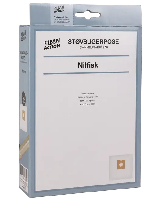 Förpackning med 4 Clean Action dammsugarpåsar, kompatibla med Nilfisk Bravo, Action, Astra, GM 100 Sprint och Alto Force 100. Kartongkrage för säker passform.