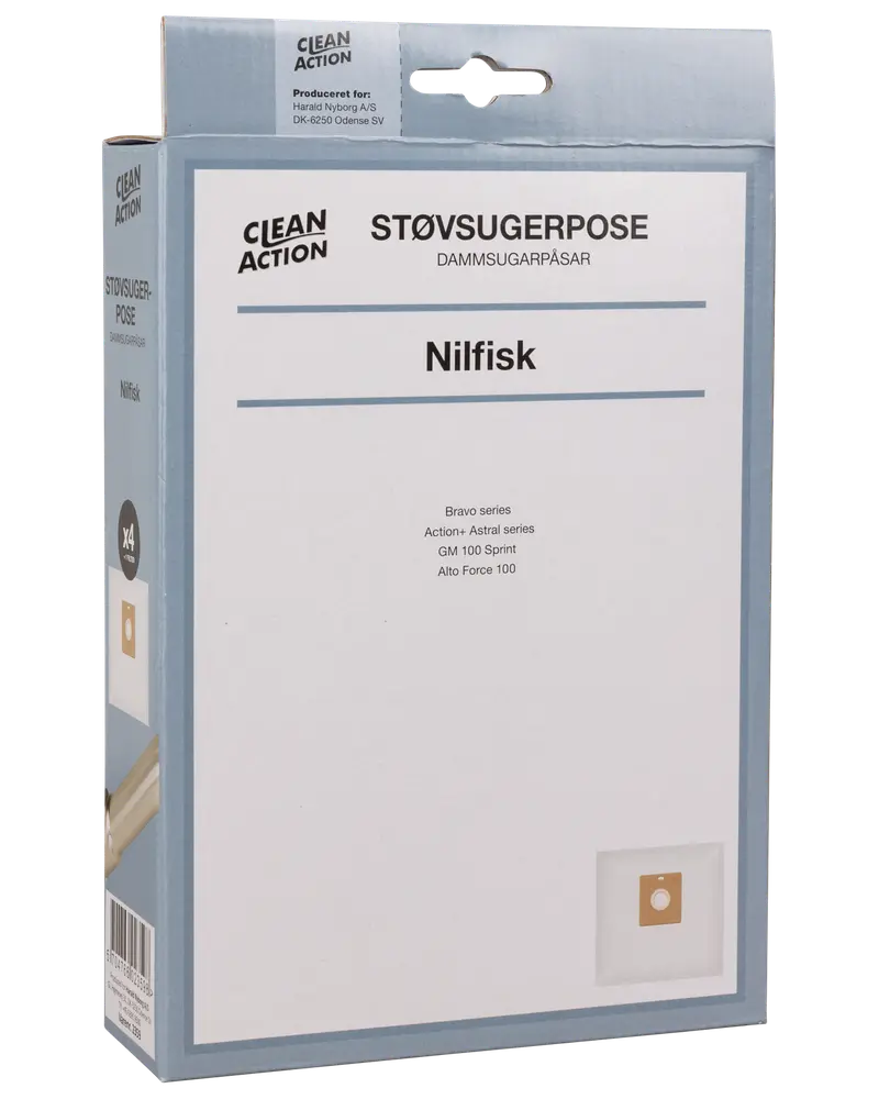 Förpackning med 4 Clean Action dammsugarpåsar, kompatibla med Nilfisk Bravo, Action, Astra, GM 100 Sprint och Alto Force 100. Kartongkrage för säker passform.