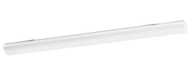 Slank, hvid LED-armatur med matteret diffuser, beregnet til loft- eller vægmontering. Giver jævn, energieffektiv belysning til kontorer, garager eller bryggers.