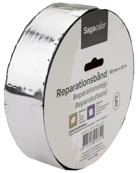 En rulle silverfärgad reparations tejp, 50 mm bred och 10 meter lång, med blank metallisk yta. Märkt med Sagacolor och produktinformation.