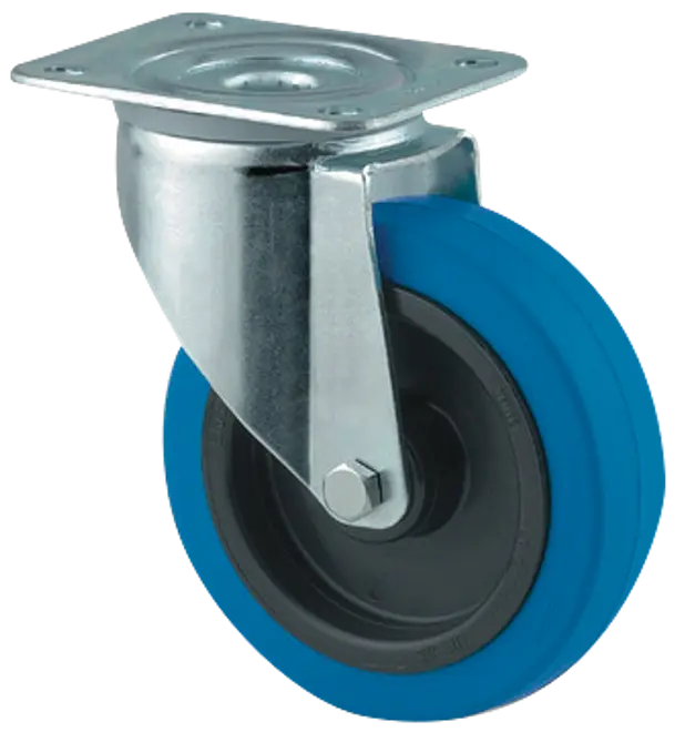 Drejeligt hjul med blå gummidæk, sort plastkerne og metalmonteringsplade. Velegnet til vogne eller udstyr, giver nem bevægelse og holdbarhed til industri eller hjem.