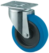 Svängbar hjul med blått gummidäck, svart plastkärna och metallfäste. Passar till vagnar eller utrustning, ger smidig rörelse och enkel montering. Robust konstruktion.