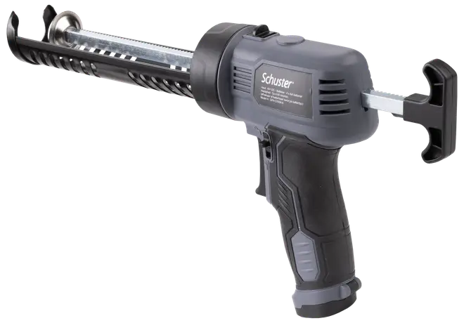 Elektrisk fugepistol med ergonomisk sort og gråt håndtag, aftrækker og metalrør til påføring af fugemasse. Velegnet til præcis arbejde i byggeri eller renovering.