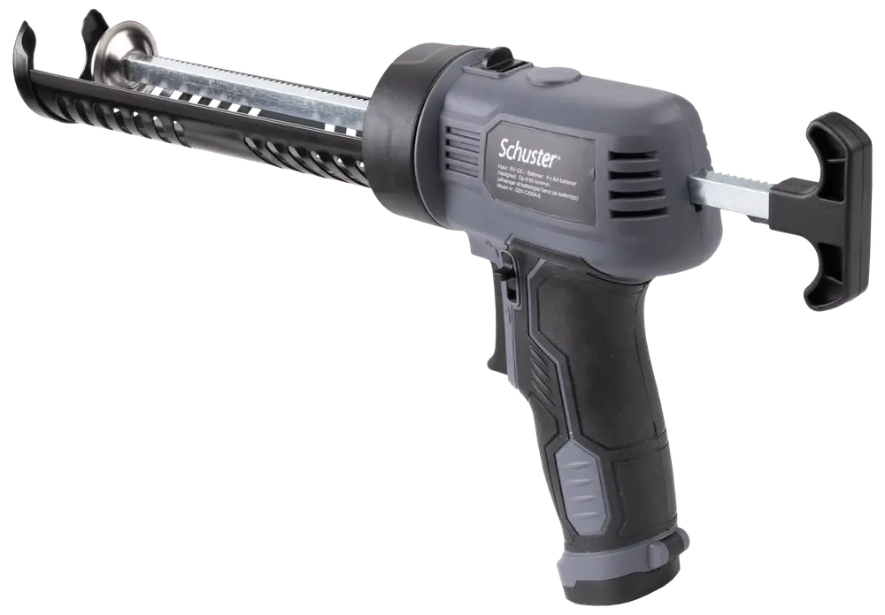 Elektrisk fogpistol med ergonomiskt svart och grått handtag, avtryckare och metallrör för applicering av fogmassa. Passar för noggrant arbete vid bygg eller renovering.