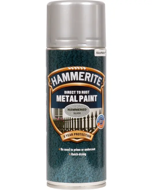 Hammerite Direct to Rust Metal Paint spraydåse, hamret sølv finish, 8 års beskyttelse, ingen grunding nødvendig, hurtigtørrende, egnet til metaloverflader, 400 ml størrelse.