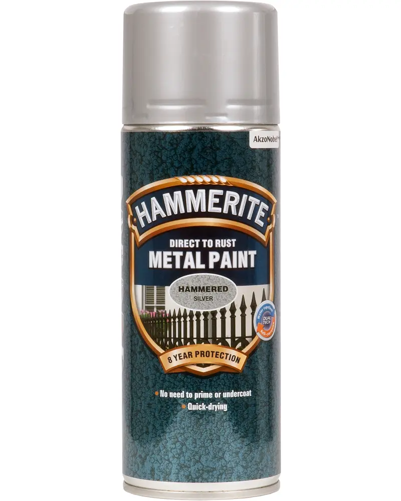 Hammerite Direct to Rust Metal Paint spraydåse, hamret sølv finish, 8 års beskyttelse, ingen grunding nødvendig, hurtigtørrende, egnet til metaloverflader, 400 ml størrelse.
