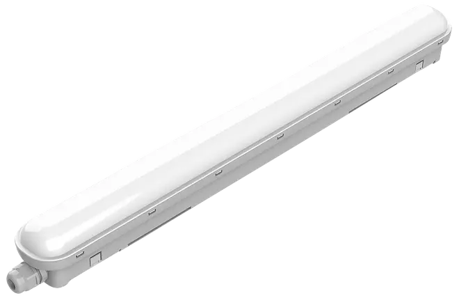 Lang, hvid LED-armatur med slankt, rektangulært design og afrundede kanter. Velegnet til loft- eller vægmontering, ideel til erhvervs- eller industribelysning.