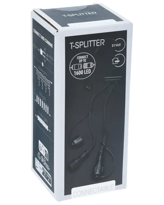T-Splitter för LED-lampor, 31 Volt, kopplingsbar, stödjer upp till 1600 LED. Svarta kontakter och kablar, för att koppla ihop flera LED-ljusslingor.