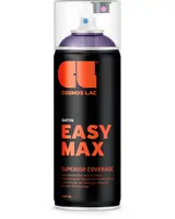 Sort 400 ml spraydåse med orange tekst, mærket 'Cosmos Lac Easy Max Satin'. Har gennemsigtigt plastlåg og lover overlegen dækning og drypfri teknologi.