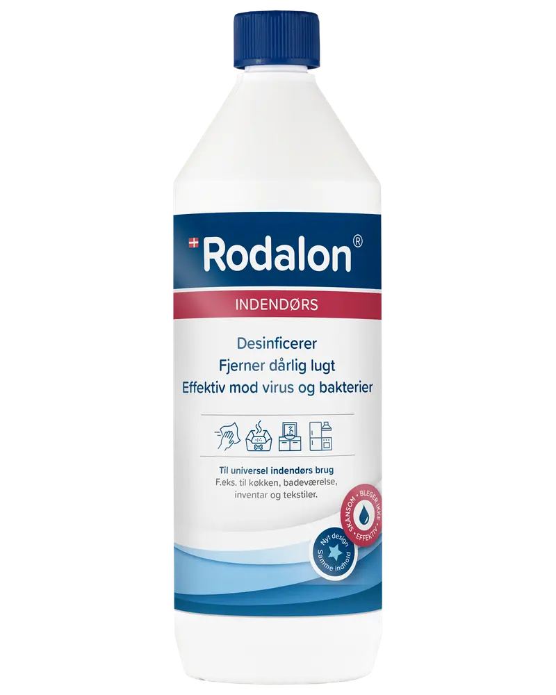 Rodalon Indendørs desinfektionsmiddel, 1-liters flaske med blå låg. Fjerner dårlig lugt, effektiv mod virus og bakterier. Til køkken, badeværelse, inventar og tekstiler. Blegemiddelfri.